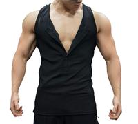 Canotte da uomo a coste senza maniche magliette Henley Button Down maglietta testurizzata camicia allenamento muscolare gilet fitness tees, Nero, M