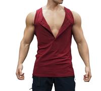 Canotte da uomo a coste senza maniche magliette Henley Button Down maglietta testurizzata camicia allenamento muscolare gilet fitness tees, Rosso, M
