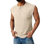 Canotte da uomo senza maniche Henley Button Down camicia con tasca estiva casual da spiaggia maglietta da allenamento, Beige, XL