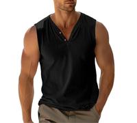 Canotte da uomo senza maniche Henley con scollo a V camicia estiva casual da spiaggia maglietta da allenamento muscoloso maglietta da palestra, Nero, L