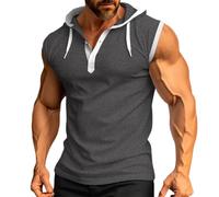 Canotte da uomo senza maniche Henley T Shirts Waffle felpa con cappuccio camicia gilet button down coulisse maglietta casual con cappuccio tees, Grigio, XL