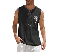 Canotte da uomo senza maniche, in cotone e lino, con lacci, con palma tropicale, maglietta estiva con grafica da spiaggia, Nero, L