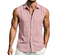 Canotte da uomo senza maniche, in cotone e lino, con tasca, con bottoni, per estate, spiaggia, vacanze, canotte, Z02-rosa, S