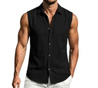 Canotte da uomo senza maniche, in cotone e lino, con tasca, con bottoni, per estate, spiaggia, vacanze, canotte, Z02-nero, S