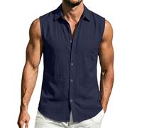 Canotte da uomo senza maniche, in cotone e lino, con tasca, con bottoni, per estate, spiaggia, vacanze, canotte, Z02-navy, L