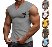 Canotte da uomo senza maniche, maglietta a nido d'ape, con scollo a V, maglietta estiva casual da spiaggia con grafica, Azzurro, M