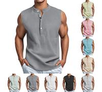 Canotte da uomo senza maniche, maglietta testurizzata a nido d'ape, con bottoni Henley, maglietta estiva per vacanze in spiaggia, grigio, M