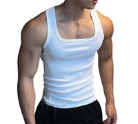 Canotte da uomo senza maniche magliette a costine maglia gilet muscolo fit maglietta da allenamento maglietta estiva casual con scollo quadrato, Bianco, L