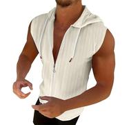 Canotte da uomo senza maniche magliette con zip intera con cappuccio camicia da allenamento con cerniera magliette con cappuccio palestra muscolo fit gilet tees, Beige, M