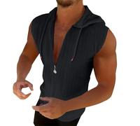 Canotte da uomo senza maniche magliette con zip intera con cappuccio camicia da allenamento con cerniera magliette con cappuccio palestra muscolo fit gilet tees, Nero, L