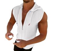 Canotte da uomo senza maniche magliette con zip intera con cappuccio camicia da allenamento con cerniera magliette con cappuccio palestra muscolo fit gilet tees, Bianco, L