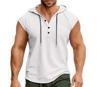 Canotte da uomo senza maniche magliette da allenamento con cappuccio gilet Henley button down felpe con cappuccio camicia casual Muscle Fit Tees, Bianco, 3XL