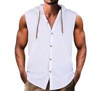 Canotte da uomo senza maniche magliette in cotone e lino con cappuccio camicia button down coulisse maglietta estiva spiaggia con cappuccio tees, Bianco, M