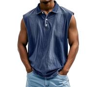 Canotte da uomo senza maniche polo t-shirt vintage invecchiata button down camicia allenamento maglietta estate casual retrò tees, Blu scuro, 3XL