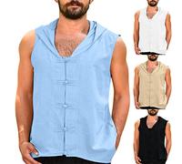 Canotte da uomo senza maniche T-shirt in cotone con cappuccio tinta unita felpe con cappuccio Tshirt stile cinese Kung Fu uniforme gilet, Blu, XXL