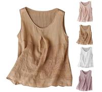 Canotte in cotone e lino per le donne con ricamo girocollo senza maniche Canotte estive allentate casual vacanze Veats tinta unita Top di base Comfort allentato Camicetta per uscire Camicetta morbida