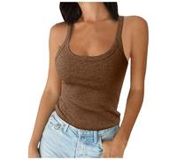 Canotte primaverili con scollo rotondo per le donne a costine senza maniche Camicette di base Cami Solid 2026 Casual Trendy Tank Top Slim Fit spalline sottili aderente dimagrante moda, Caff, XS