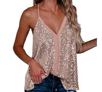 Canotte scintillanti 2025 da donna, con paillettes lucide, senza maniche, alla moda, glitterate, a blocchi di colore, casual, alla moda, con strass, con scollo a V, carine, Oro rosa, XL