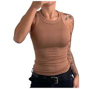 Canottiera casual da donna tinta unita senza maniche camicie estive slim fit girocollo alla moda primavera carine canotte a coste slim aderente Y2K moda per uscire di base 2026, Caff, XXL