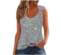 Canottiera da donna con brillantini, senza maniche, con paillette, con stampa su larga spallacci, patchwork, girocollo, club, gilet per feste, argento, L