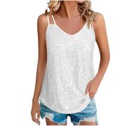 Canottiera da donna con paillettes, canottiera scintillante da donna, canottiera alla moda, senza maniche, con scollo a V, canottiera glitterata, per festival, feste, camicetta brillante, bianco, M