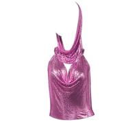 Canottiera da donna con paillettes glitterate e schiena scoperta, canotta e sciarpa per la testa, set da 2 pezzi, per discoteca, feste, comodo e morbido tessuto metallico, Rosso rosato, M