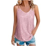 Canottiera da donna con paillettes, senza maniche, con scollo a V, con spalline luccicanti, per feste e concerti, rosa, L