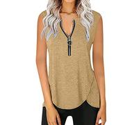 Canottiera da donna con scollo a U, curva, casual, fluente, estiva, con cerniera, senza maniche, maglietta da donna a maniche lunghe, cachi, M