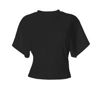 Canottiera da donna con spalline sottili per l'estate, tinta unita, vestibilità ampia, a maniche corte, con ruches, dimagrante, per abbigliamento casual quotidiano, Nero , M