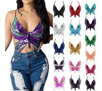 Canottiera da donna glitterata con paillettes, alla moda, con allacciatura al collo, per danza del ventre, balli latini, trappy con schiena scoperta, per feste, club, sexy, con scollo a V, Viola