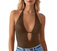 Canottiera da donna, sexy, con scollo a V, senza maniche, Y2K, attillata, slim fit, a coste, camisole T Shirt Gym Training, O caffè., L