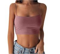 Canottiera da donna, sexy, estiva, per yoga, sport, spaghetti, sportiva, senza pancia, crop top, senza spalline, streetwear Y2K, camisole, top yoga e sport, cachi, XS