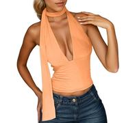 Canottiera da donna, sexy, senza maniche, elegante, estiva, con schiena scoperta, tinta unita, slim fit, casual, con scollo a V, festival, Y2K, per club e feste, O Orange, XS