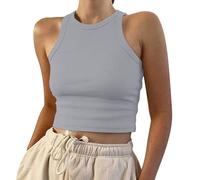 Canottiera da donna slim fit top donna estate 2025 a coste girocollo basic tinta unita slim fit camicia stretch casual traspirante vita corta cinching top t-shirt, Gy1, XL