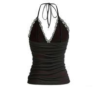 Canottiera da donna, tinta unita, con scollo a V e scollo a V, design arricciato, tessuto elastico per vacanze estive, spiaggia, yoga, vacanze (L nero)