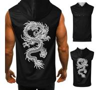 Canottiera da uomo con stampa drago, ad asciugatura rapida, traspirante, per allenamento, con cappuccio, con stampa posteriore, senza maniche, per il fitness, lo sport, Nero , S