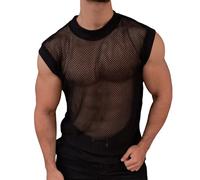 Canottiera da uomo con struttura a rete, sexy, trasparente, da uomo, in rete, da discoteca, da discoteca, da festa, da streetstyle, Nero , XXXL