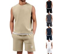 Canottiera da uomo, estiva, in due pezzi, da jogging, senza maniche, con scollo rotondo, tinta unita, traspirante, per il tempo libero, leggera, maglietta muscolare, cachi, XL