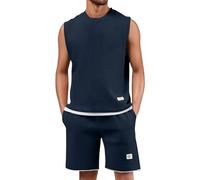 Canottiera da uomo, estiva, in due pezzi, da jogging, senza maniche, con scollo rotondo, tinta unita, traspirante, per il tempo libero, leggera, maglietta muscolare, Blu marino, XL