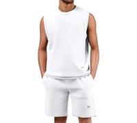 Canottiera da uomo, estiva, in due pezzi, da jogging, senza maniche, con scollo rotondo, tinta unita, traspirante, per il tempo libero, leggera, maglietta muscolare, bianco, L