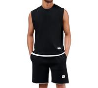 Canottiera da uomo, estiva, in due pezzi, da jogging, senza maniche, con scollo rotondo, tinta unita, traspirante, per il tempo libero, leggera, maglietta muscolare, Nero , XL
