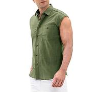 Canottiera da uomo in cotone e lino, senza maniche, con colletto a risvolto, per lo sport, con bottoni, basic per l'estate e le ascelle, maglietta funzionale, casual, traspirante, verde militare, L