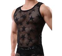 Canottiera da uomo in rete a rete trasparente con cavità esterne, senza maniche, con stelle, elasticizzata, per allenamento, palestra, sport, abbigliamento da discoteca, Nero , L