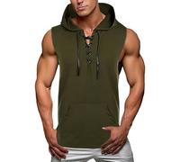 Canottiera da uomo senza maniche con cappuccio, con lacci, da spiaggia, hippie, per allenamento, atletica, estate, casual, muscoloso, Verde militare, L