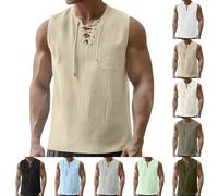 Canottiera da uomo senza maniche, in cotone e lino, con lacci, con tasca, estiva, casual, da spiaggia, per allenamento, Verde scuro, 4XL
