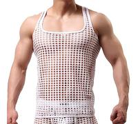 Canottiera da uomo, senza maniche, trasparente, a rete, con scollo rotondo, a rete, bianco, S