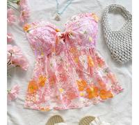 Canottiera donna elegante con ricamo floreale in rete con fiocco anteriore e balza, adatta come strato di abbigliamento in autunno/inverno, per feste, appuntamenti, San Valentino, Pasqua, carnevale, p