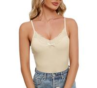 Canottiera in cotone per le donne UK Canotta da donna tinta unita in pizzo con scollo a V canotta estiva moda casual top crop top donna, Beige, L