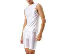 Canottiera lucida da uomo, leggera, aderente, senza maniche, con pantaloncini sportivi a compressione, set morbido e traspirante, per bodybuilding, fitness, set da 2 pezzi, bianco, XL