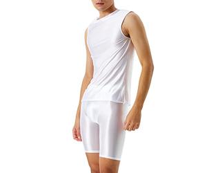 Canottiera lucida da uomo, leggera, aderente, senza maniche, con pantaloncini sportivi a compressione, set morbido e traspirante, per bodybuilding, fitness, set da 2 pezzi, bianco, XL